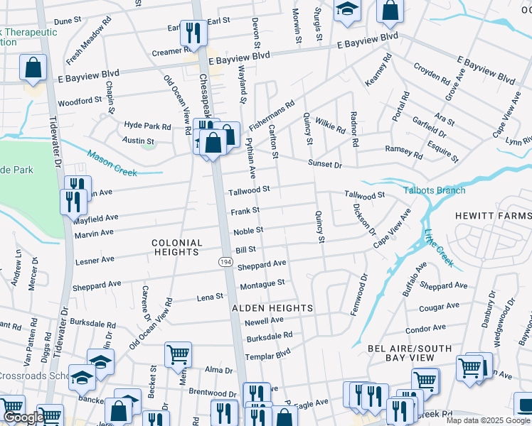 map of restaurants, bars, coffee shops, grocery stores, and more near 1209 Frank Street in Norfolk