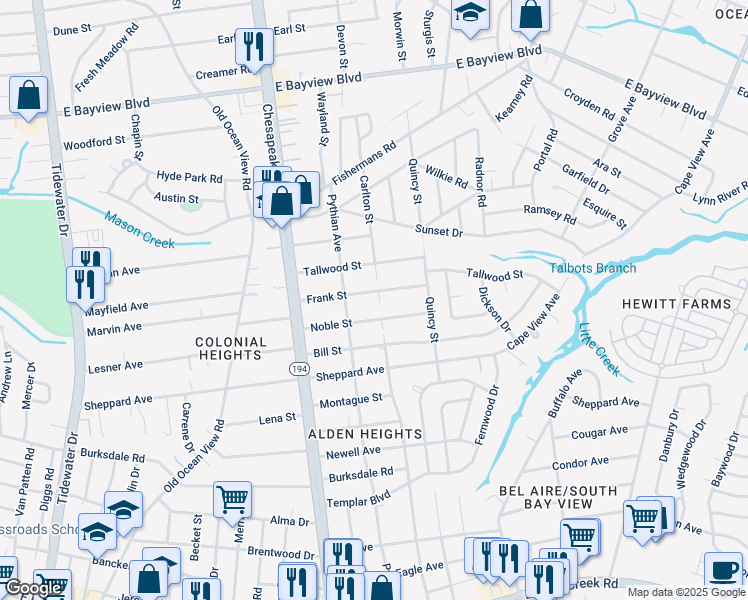 map of restaurants, bars, coffee shops, grocery stores, and more near 1227 Frank Street in Norfolk