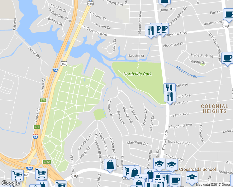 map of restaurants, bars, coffee shops, grocery stores, and more near 8263 Simons Drive in Norfolk