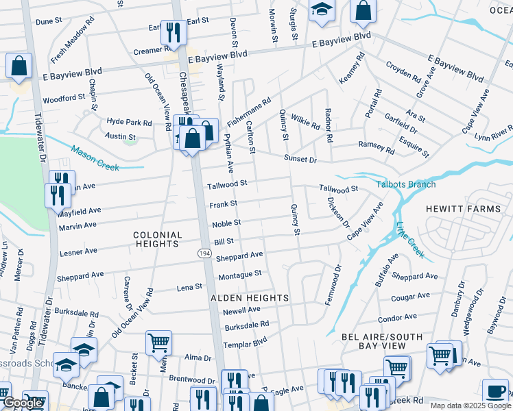 map of restaurants, bars, coffee shops, grocery stores, and more near 1227 Frank Street in Norfolk