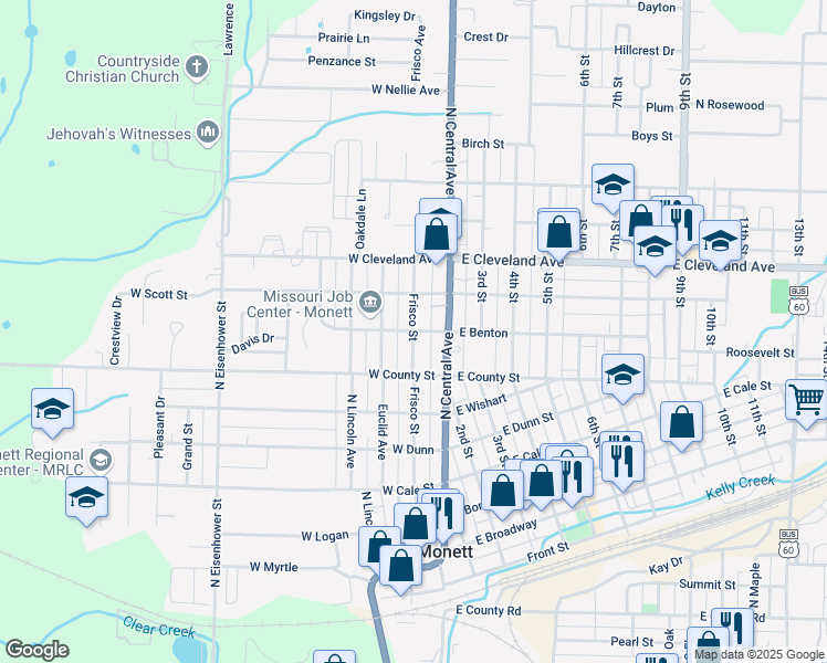 map of restaurants, bars, coffee shops, grocery stores, and more near 799 Frisco Avenue in Monett