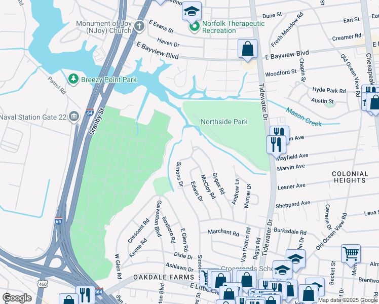 map of restaurants, bars, coffee shops, grocery stores, and more near 8263 Simons Drive in Norfolk
