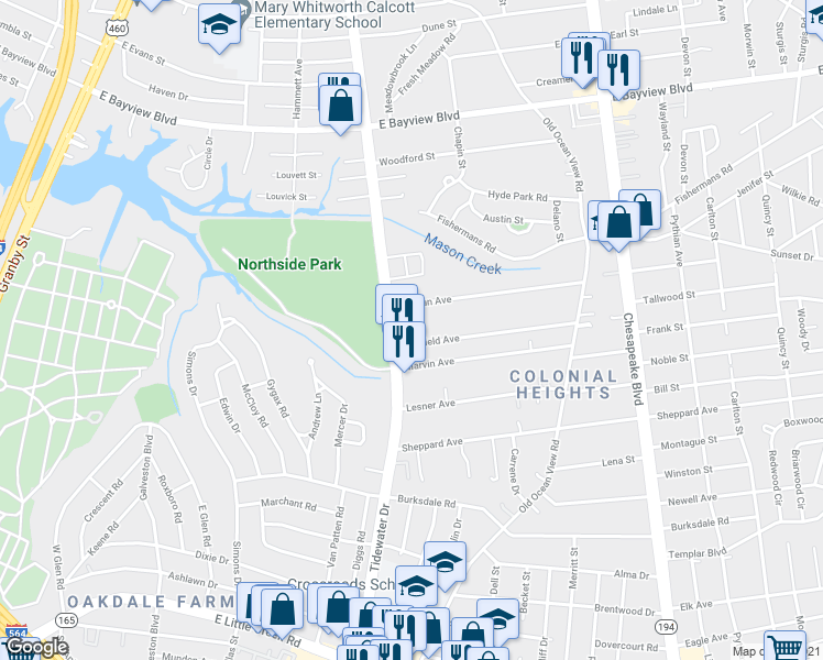 map of restaurants, bars, coffee shops, grocery stores, and more near 8422 Tidewater Drive in Norfolk