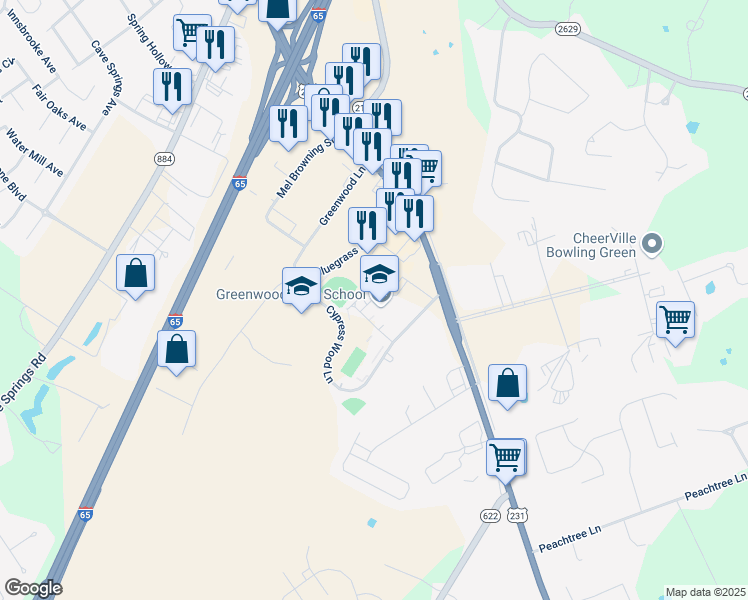 map of restaurants, bars, coffee shops, grocery stores, and more near 5065 Scottsville Road in Bowling Green