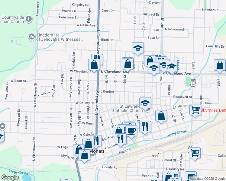 map of restaurants, bars, coffee shops, grocery stores, and more near 800 4th Street in Monett