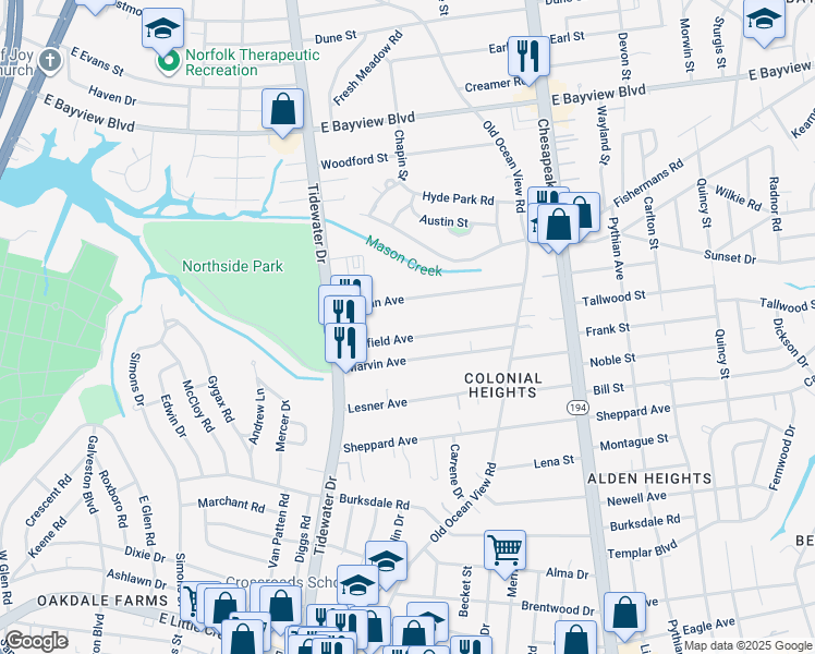 map of restaurants, bars, coffee shops, grocery stores, and more near 778 Mayfield Avenue in Norfolk