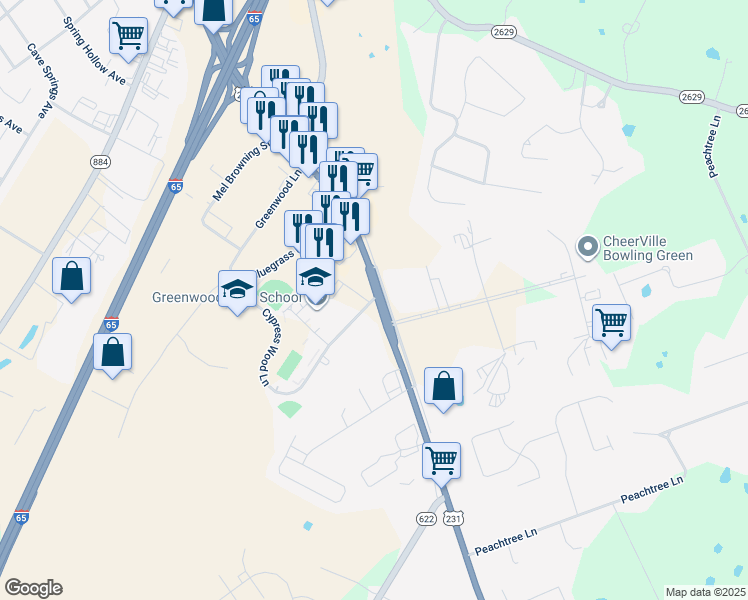 map of restaurants, bars, coffee shops, grocery stores, and more near 704 Cypress Wood Lane in Bowling Green