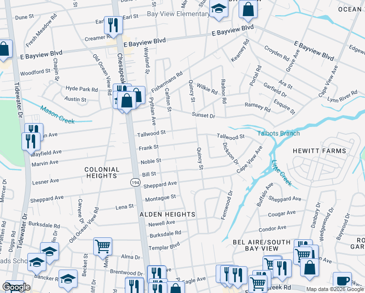 map of restaurants, bars, coffee shops, grocery stores, and more near 1314 Frank Street in Norfolk