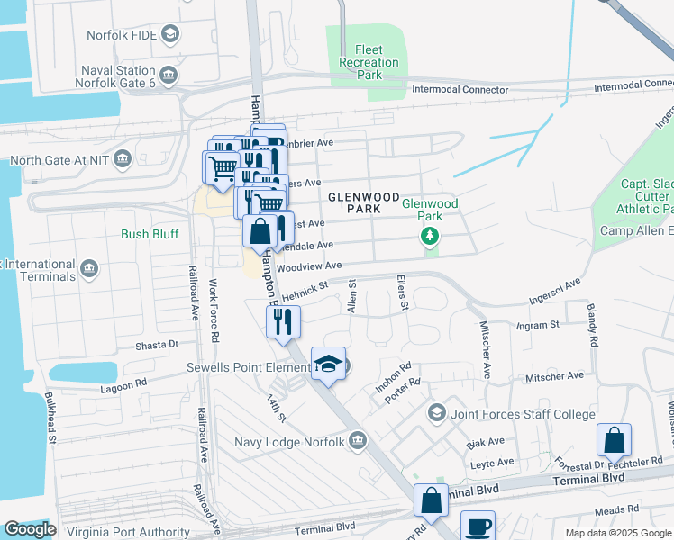 map of restaurants, bars, coffee shops, grocery stores, and more near 209 Woodview Avenue in Norfolk