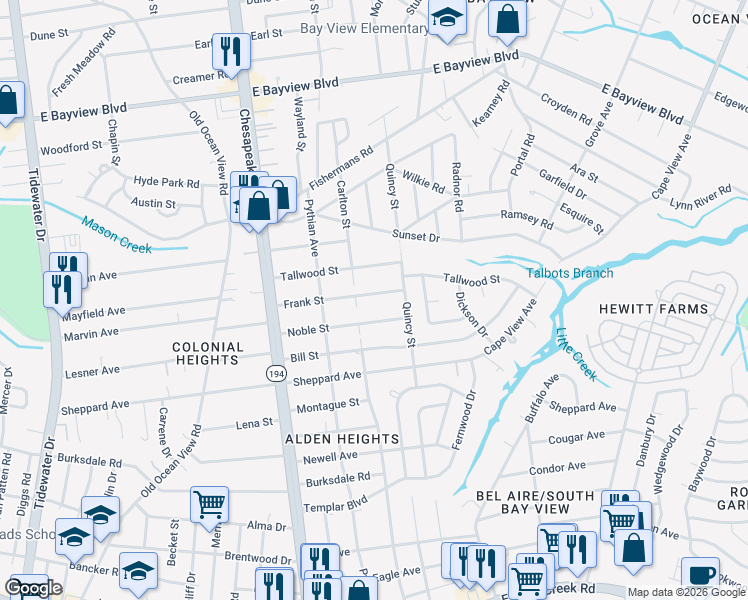 map of restaurants, bars, coffee shops, grocery stores, and more near 1314 Frank Street in Norfolk