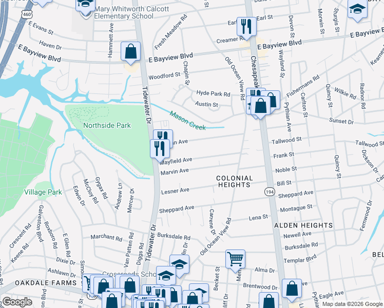 map of restaurants, bars, coffee shops, grocery stores, and more near 776 Mayfield Avenue in Norfolk