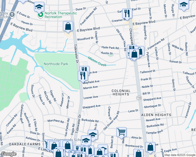 map of restaurants, bars, coffee shops, grocery stores, and more near 778 Mayfield Avenue in Norfolk
