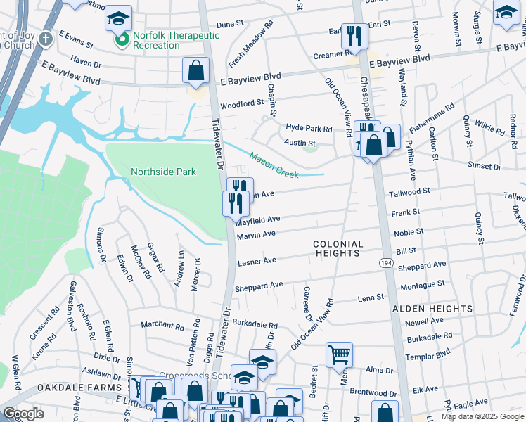 map of restaurants, bars, coffee shops, grocery stores, and more near 737 Norman Avenue in Norfolk