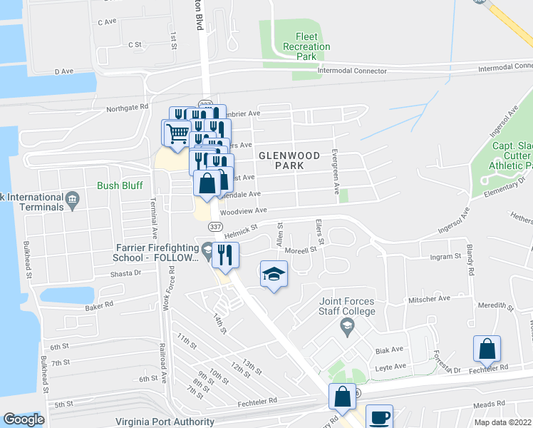 map of restaurants, bars, coffee shops, grocery stores, and more near 207 Woodview Avenue in Norfolk