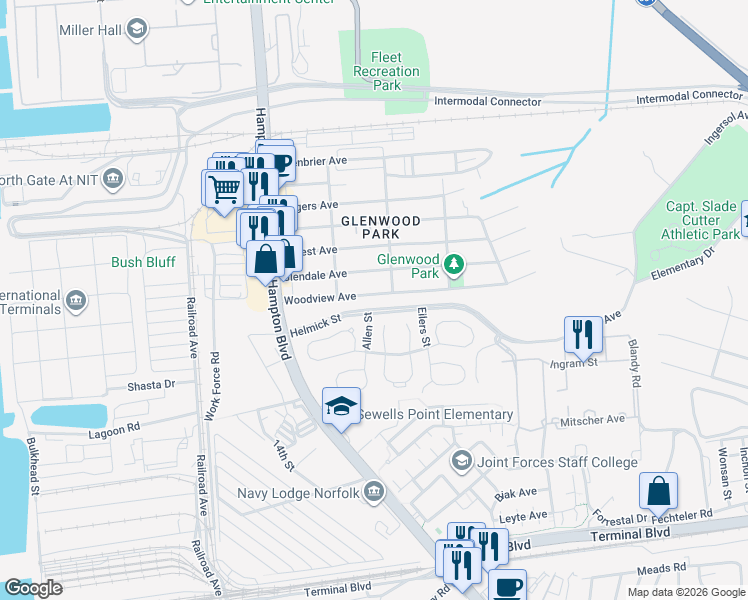 map of restaurants, bars, coffee shops, grocery stores, and more near 214 Woodview Avenue in Norfolk