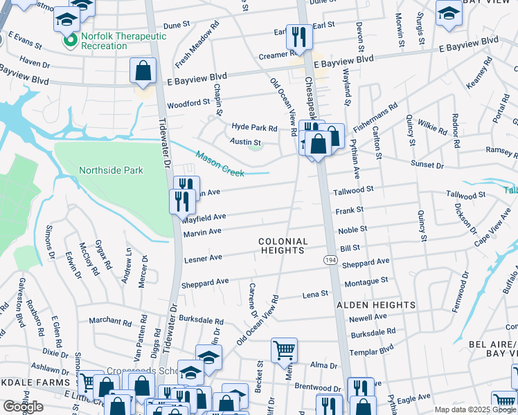 map of restaurants, bars, coffee shops, grocery stores, and more near 824 Mayfield Avenue in Norfolk