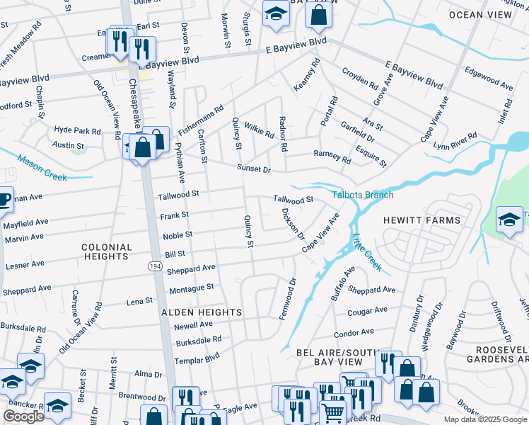 map of restaurants, bars, coffee shops, grocery stores, and more near 8360 Woody Court in Norfolk