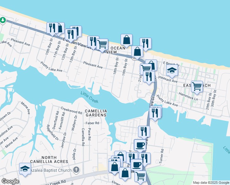 map of restaurants, bars, coffee shops, grocery stores, and more near 3801 Pretty Lake Avenue in Norfolk