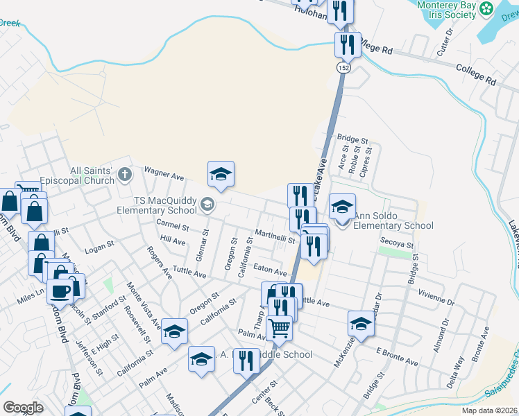 map of restaurants, bars, coffee shops, grocery stores, and more near 62 Dolores Avenue in Watsonville