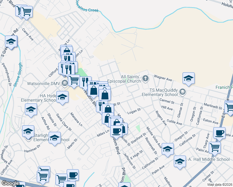 map of restaurants, bars, coffee shops, grocery stores, and more near 167 Crestview Court in Watsonville