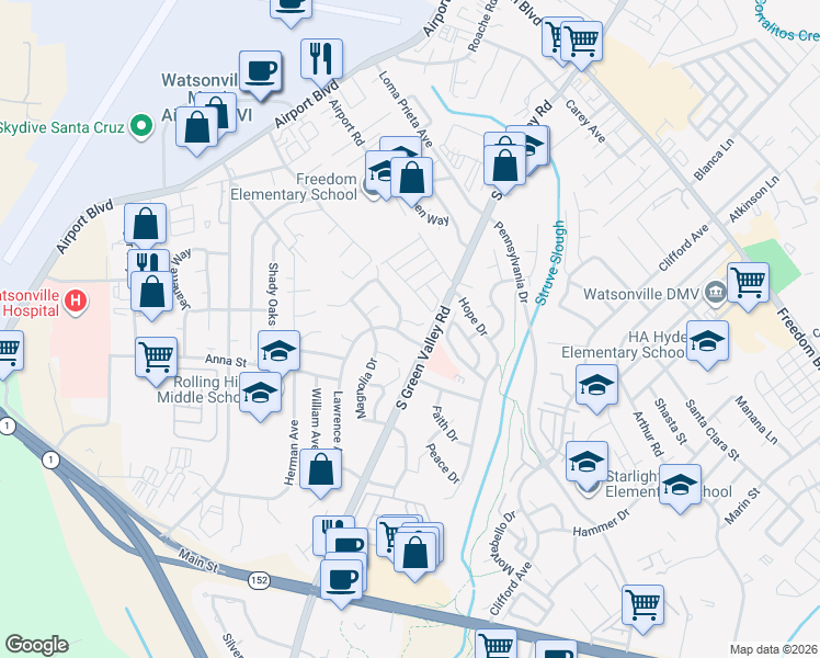 map of restaurants, bars, coffee shops, grocery stores, and more near 12 Honeysuckle Drive in Watsonville