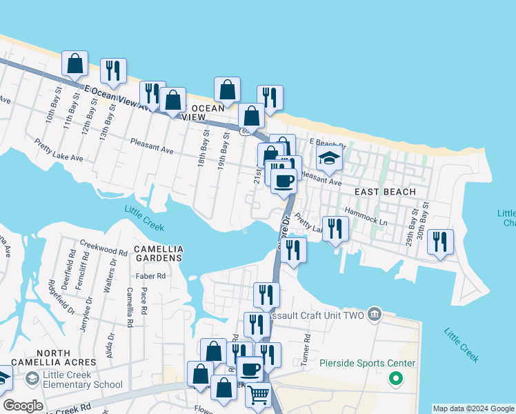 map of restaurants, bars, coffee shops, grocery stores, and more near 9519 22nd Bay Street in Norfolk