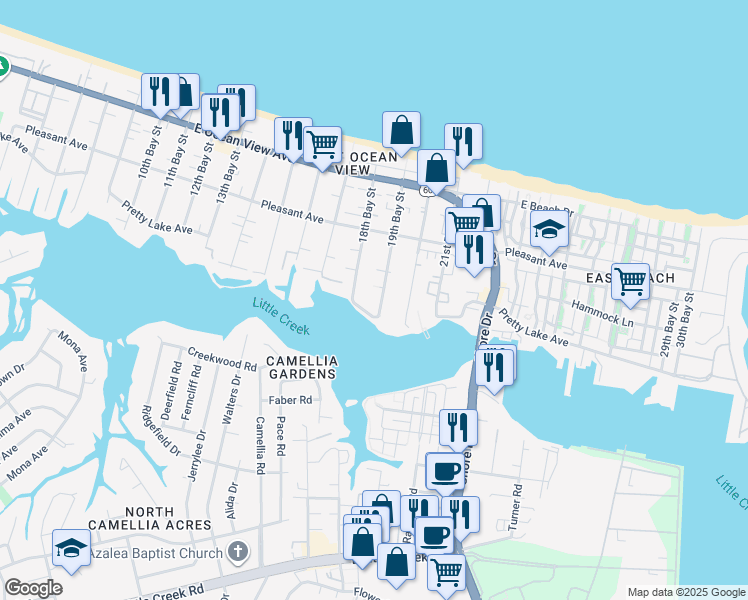 map of restaurants, bars, coffee shops, grocery stores, and more near 3801 Pretty Lake Avenue in Norfolk