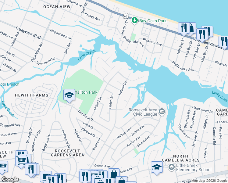 map of restaurants, bars, coffee shops, grocery stores, and more near 2221 Helsley Avenue in Norfolk