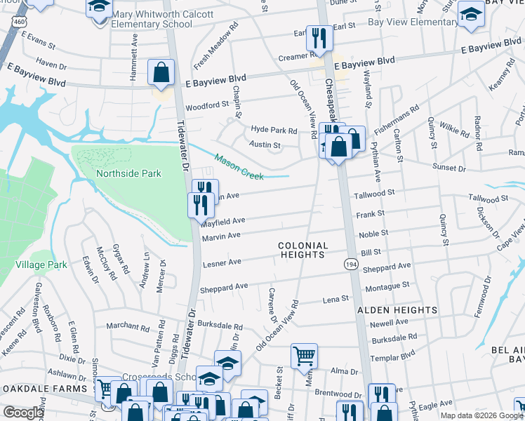 map of restaurants, bars, coffee shops, grocery stores, and more near 808 Mayfield Avenue in Norfolk