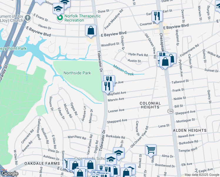 map of restaurants, bars, coffee shops, grocery stores, and more near 8430 Tidewater Drive in Norfolk