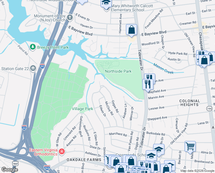map of restaurants, bars, coffee shops, grocery stores, and more near 8262 Gygax Road in Norfolk