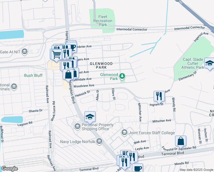map of restaurants, bars, coffee shops, grocery stores, and more near 243 Woodview Avenue in Norfolk