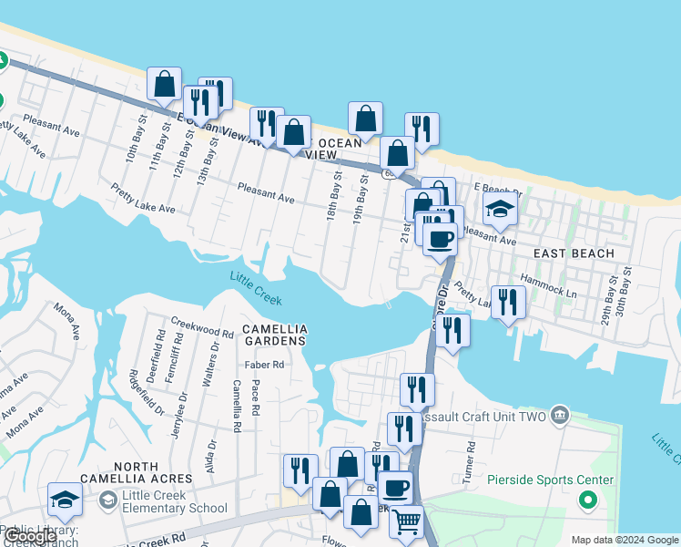 map of restaurants, bars, coffee shops, grocery stores, and more near 9515 19th Bay Street in Norfolk