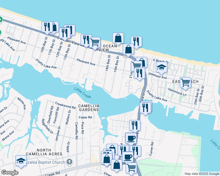 map of restaurants, bars, coffee shops, grocery stores, and more near 9515 19th Bay Street in Norfolk