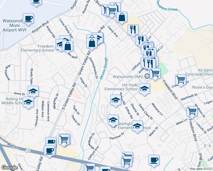 map of restaurants, bars, coffee shops, grocery stores, and more near 14 Claremont Street in Watsonville