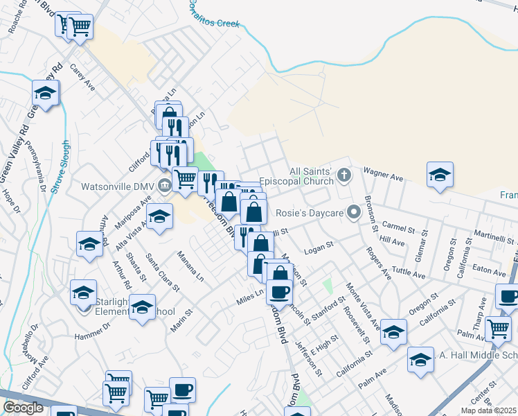 map of restaurants, bars, coffee shops, grocery stores, and more near 1080 Madison Street in Watsonville