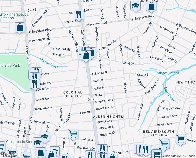 map of restaurants, bars, coffee shops, grocery stores, and more near 1128 Frank Street in Norfolk
