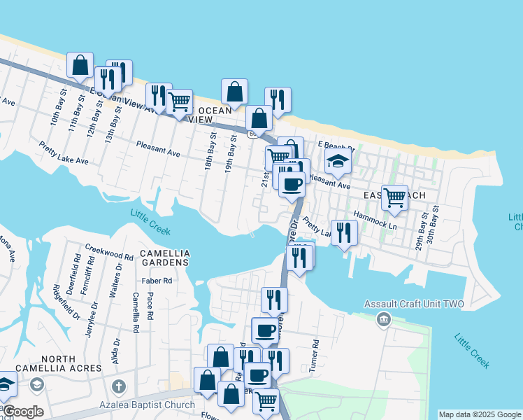 map of restaurants, bars, coffee shops, grocery stores, and more near 9520 21st Bay Street in Norfolk