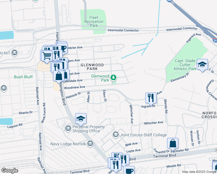 map of restaurants, bars, coffee shops, grocery stores, and more near 337 Woodview Avenue in Norfolk