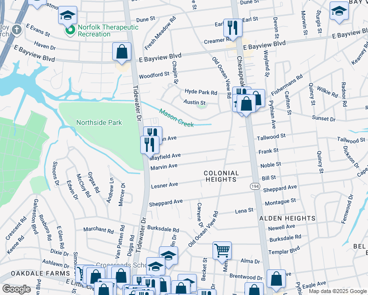 map of restaurants, bars, coffee shops, grocery stores, and more near 778 Mayfield Avenue in Norfolk