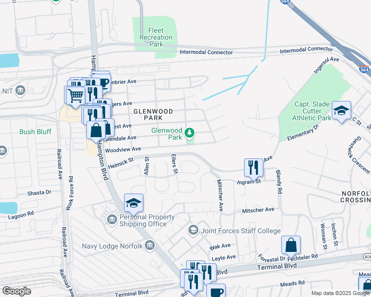 map of restaurants, bars, coffee shops, grocery stores, and more near 325 Woodview Avenue in Norfolk