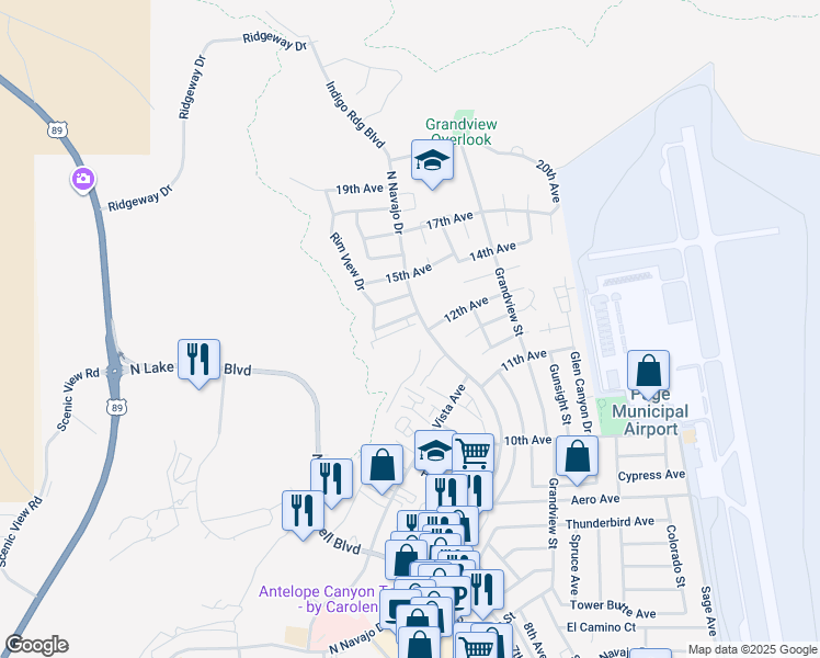 map of restaurants, bars, coffee shops, grocery stores, and more near 1 13th Avenue in Page