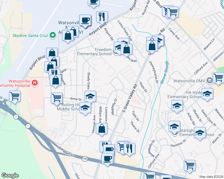 map of restaurants, bars, coffee shops, grocery stores, and more near 62 Lawrence Avenue in Watsonville