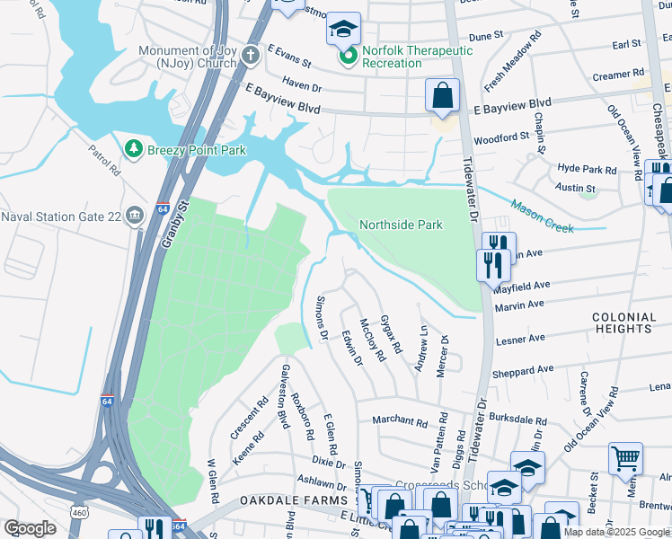 map of restaurants, bars, coffee shops, grocery stores, and more near 8267 Simons Drive in Norfolk