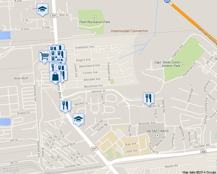 map of restaurants, bars, coffee shops, grocery stores, and more near 325 Woodview Avenue in Norfolk