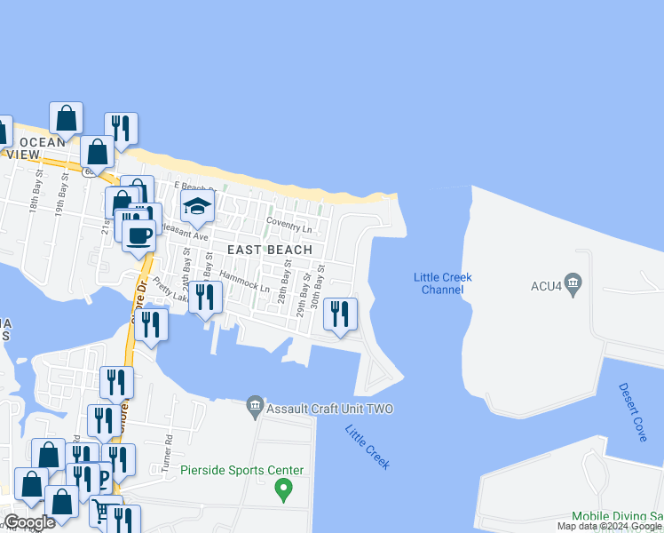 map of restaurants, bars, coffee shops, grocery stores, and more near 9516 Bay Front Drive in Norfolk