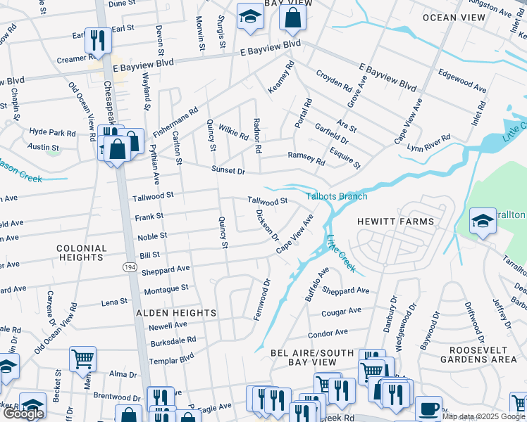 map of restaurants, bars, coffee shops, grocery stores, and more near 1613 Tallwood Court in Norfolk