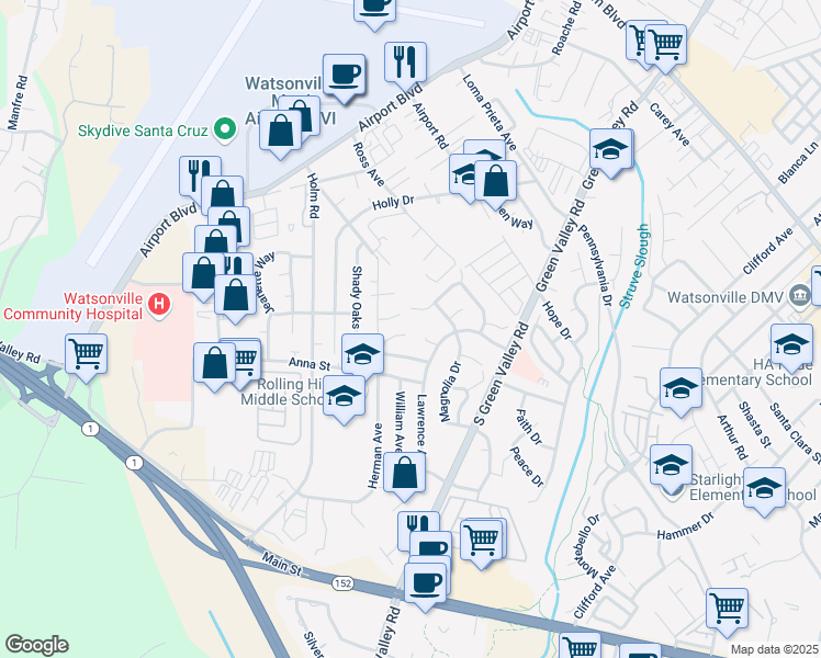 map of restaurants, bars, coffee shops, grocery stores, and more near 52 Herman Court in Watsonville