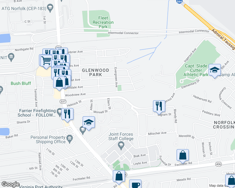map of restaurants, bars, coffee shops, grocery stores, and more near 345 Woodview Avenue in Norfolk