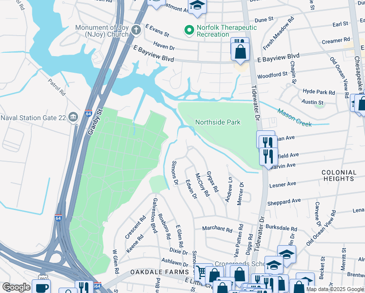 map of restaurants, bars, coffee shops, grocery stores, and more near 8267 Simons Drive in Norfolk